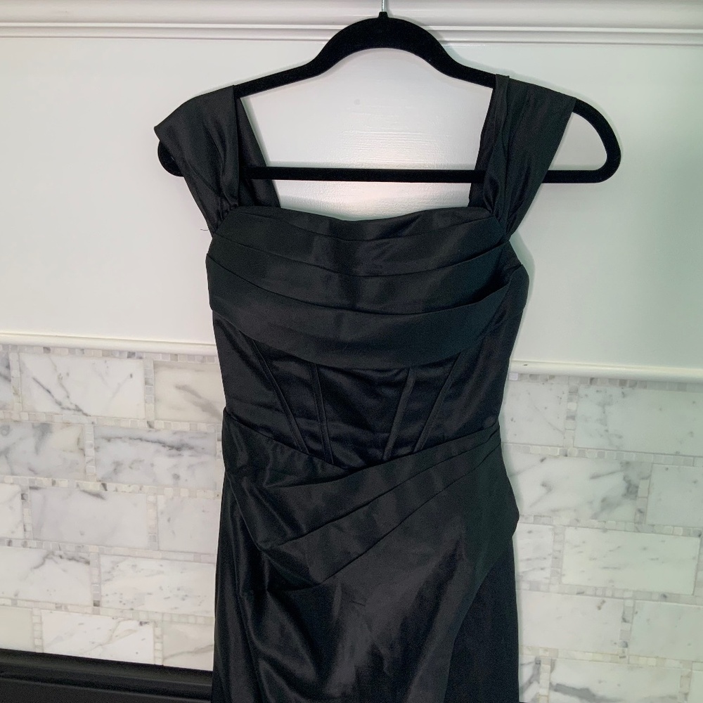 Black ruched formal dress side slit and convertible straps (like Miss Circle)